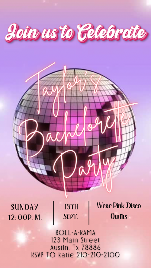 Pink Disco Vídeo Invitation Animated Disco Ball editable Canva Template