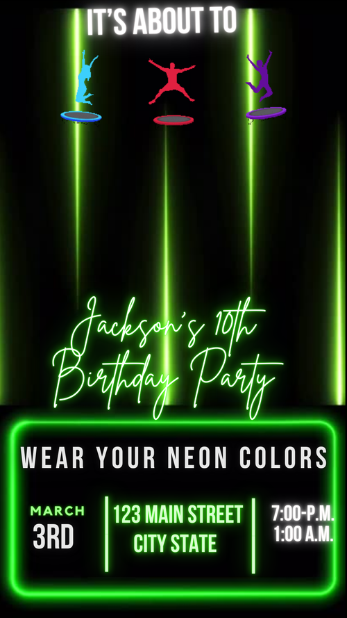 Editable Neon Jump Celebration invite displayed on smartphone