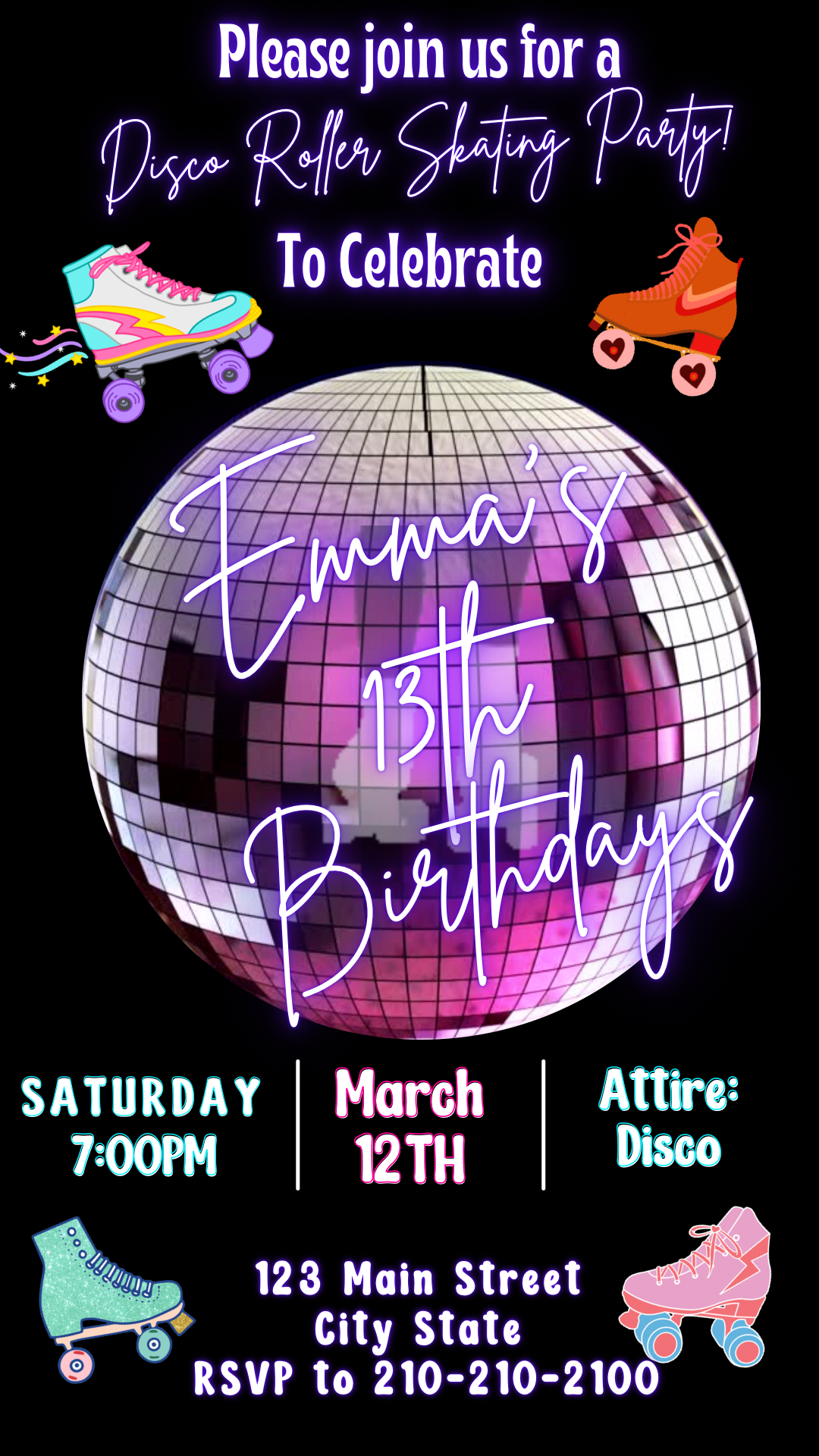 Roller Skating Disco Vídeo Invitation Animated Disco editable Canva Template
