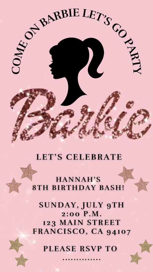 Editable Barbie video birthday invitation in glitter pink theme. Animated mobile-friendly design with Barbie silhouette and sparkles. Customize instantly in Canva with your child’s details and share the MP4 invite via text, WhatsApp, Instagram, or Facebook for a glamorous Barbie-themed birthday