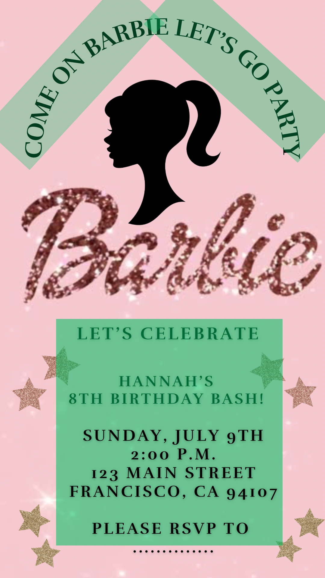 Barbie-themed birthday party invitation with pink background and green accents.