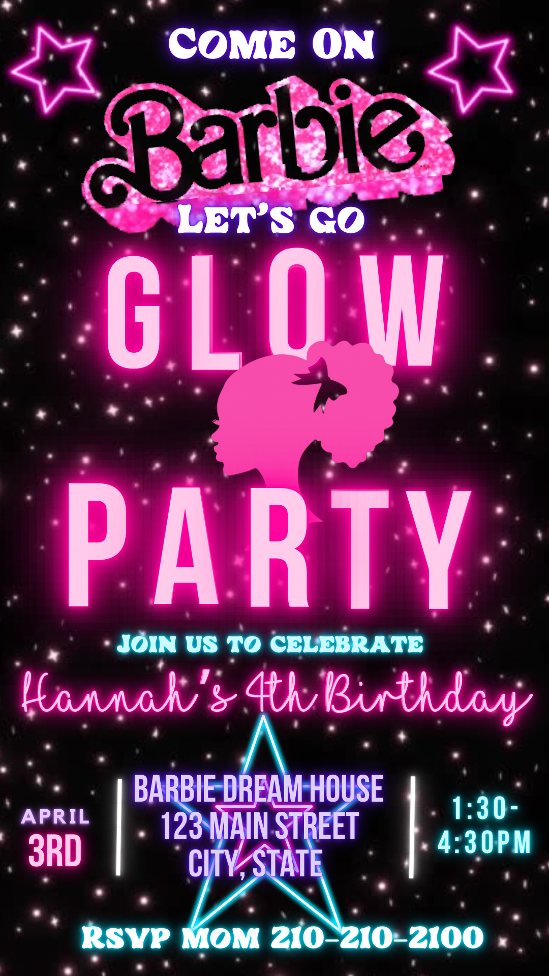 Barbie Video Invitation | Neon Pink Black Barbie Birthday party Invite