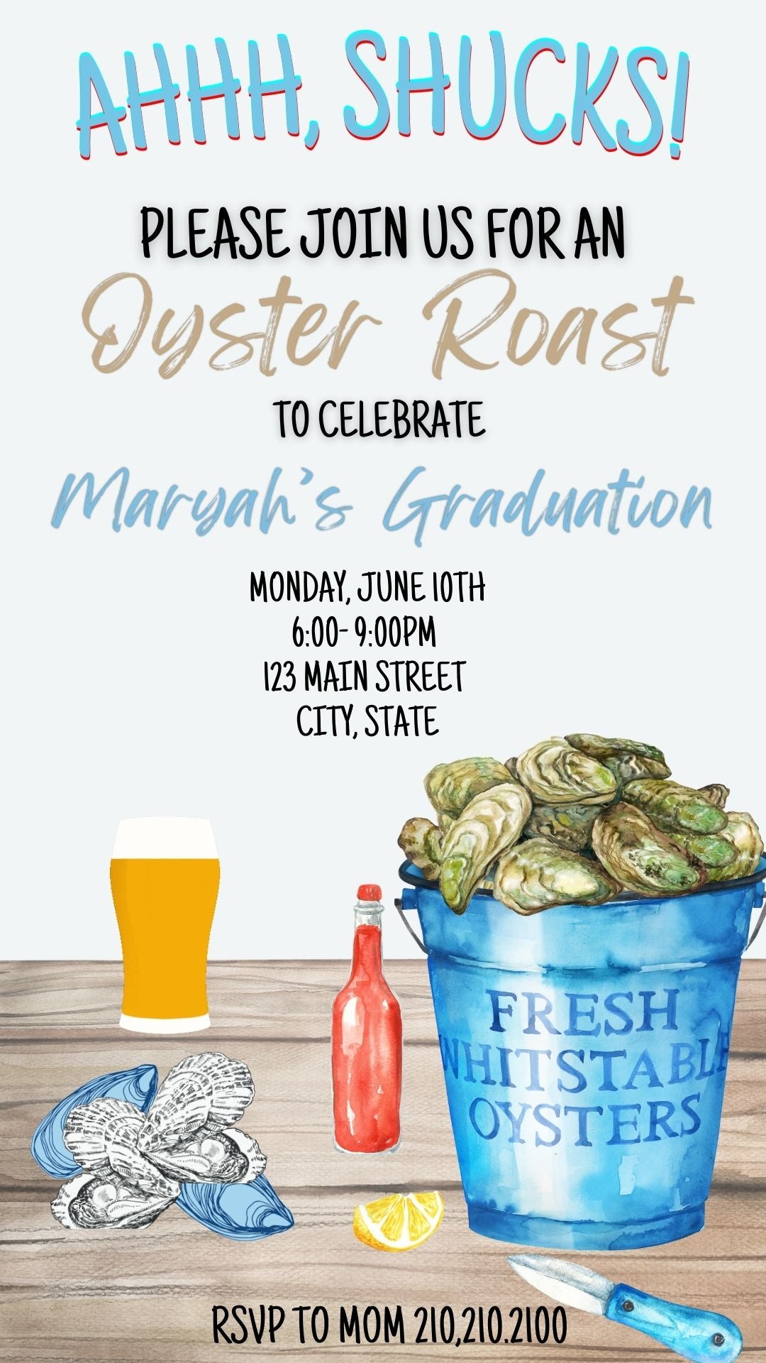 Editable oyster roast graduation party graduation video invitation displayed on a mobile phone, featuring an animated vertical digital invite with music, created in Canva. This premium video invitation template is designed for sharing by text, email, and social media and works with an interactive RSVP website for easy guest response tracking.