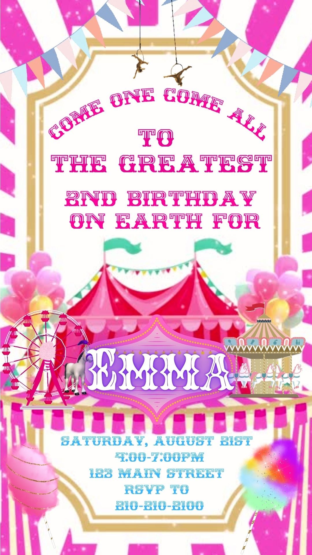 Editable pink circus 2nd birthday birthday video invitation displayed on a mobile phone, featuring an animated vertical digital invite with music, created in Canva. This premium video invitation template is designed for sharing by text, email, and social media and works with an interactive RSVP website for easy guest response tracking.
