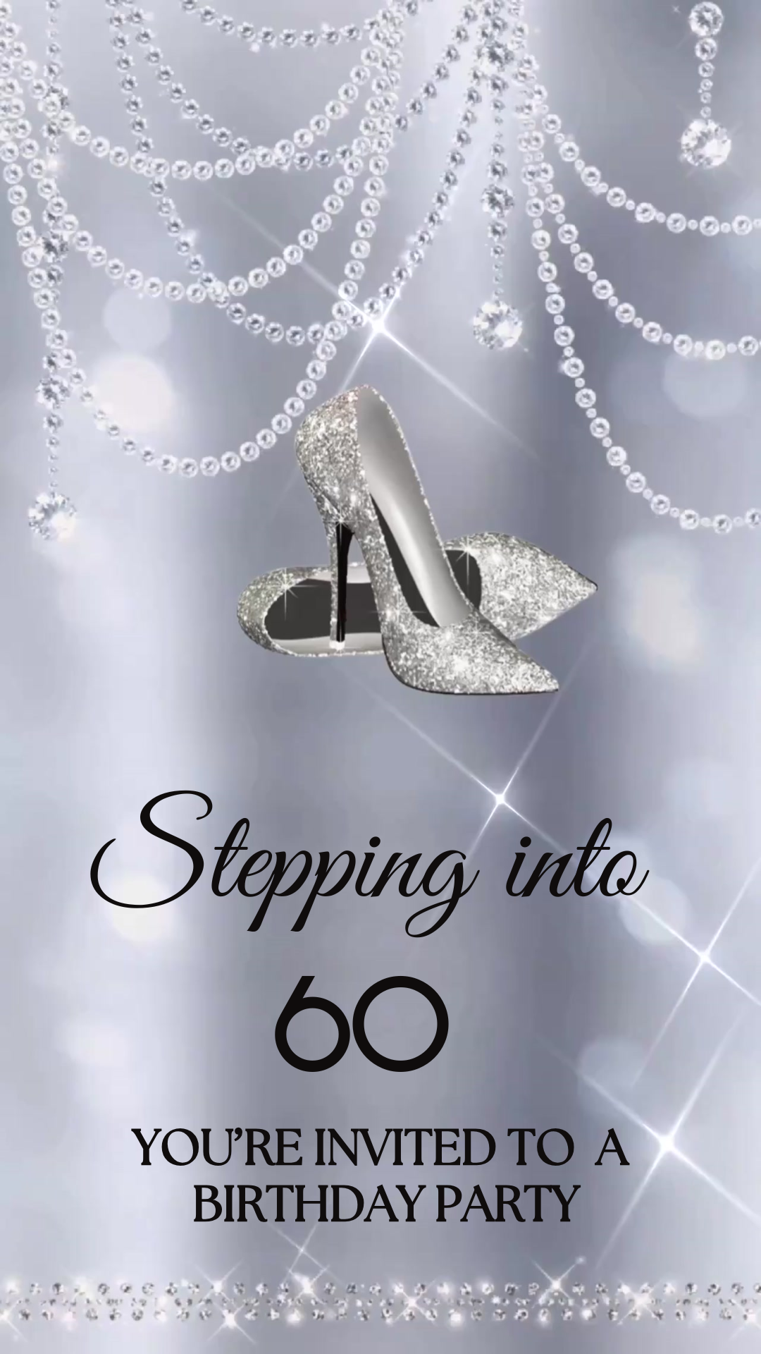 Videoeinladung zum 50. Geburtstag, glamouröse Geburtstagseinladung mit silbernen High Heels, digitale Einladung zum Überraschungs-Geburtstagsessen für jedes Alter