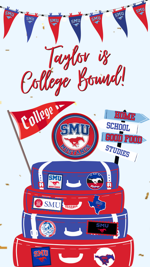 Editable Southern Methodist University (SMU Mustangs) “Pony Up” college bound video invitation. Features bold red, blue, and white school colors, SMU pennants, Peruna mascot, and Gerald J. Ford Stadium. Perfect for SMU student send-offs, graduations, and Dallas campus events. Instant access Canva template—no PDF. Mobile-friendly for texting, email, or social media sharing.