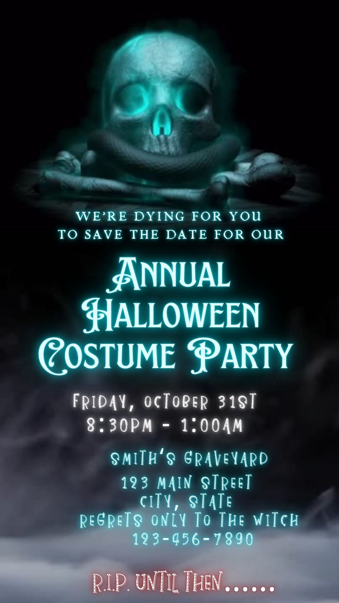 Editable spooky halloween costume party party video invitation displayed on a mobile phone, featuring an animated vertical digital invite with music, created in Canva. This premium video invitation template is designed for sharing by text, email, and social media and works with an interactive RSVP website for easy guest response tracking.