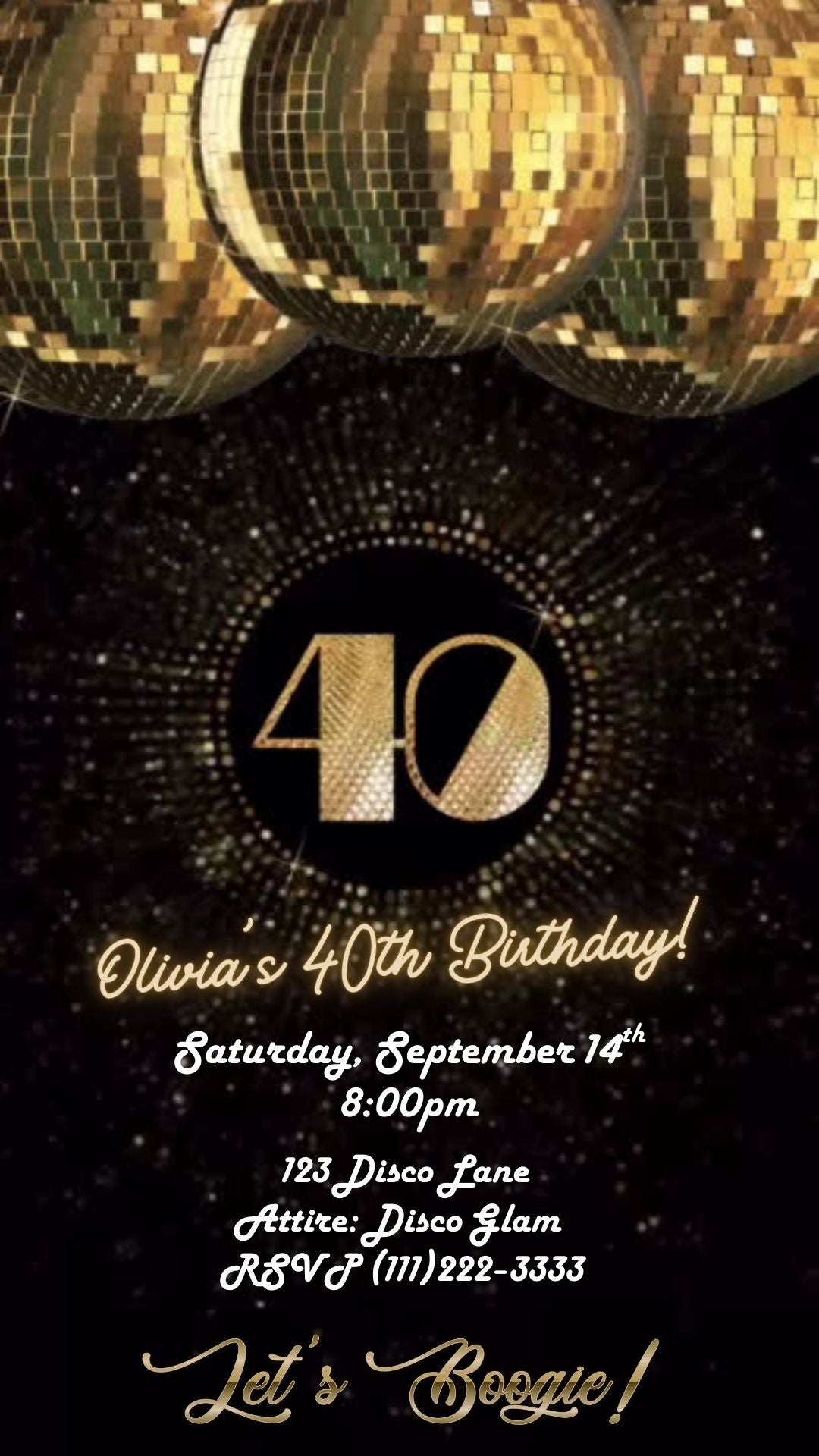 Editable black gold studio 40th birthday video invitation displayed on a mobile phone, featuring an animated vertical digital invite with music, created in Canva. This premium video invitation template is designed for sharing by text, email, and social media and works with an interactive RSVP website for easy guest response tracking.