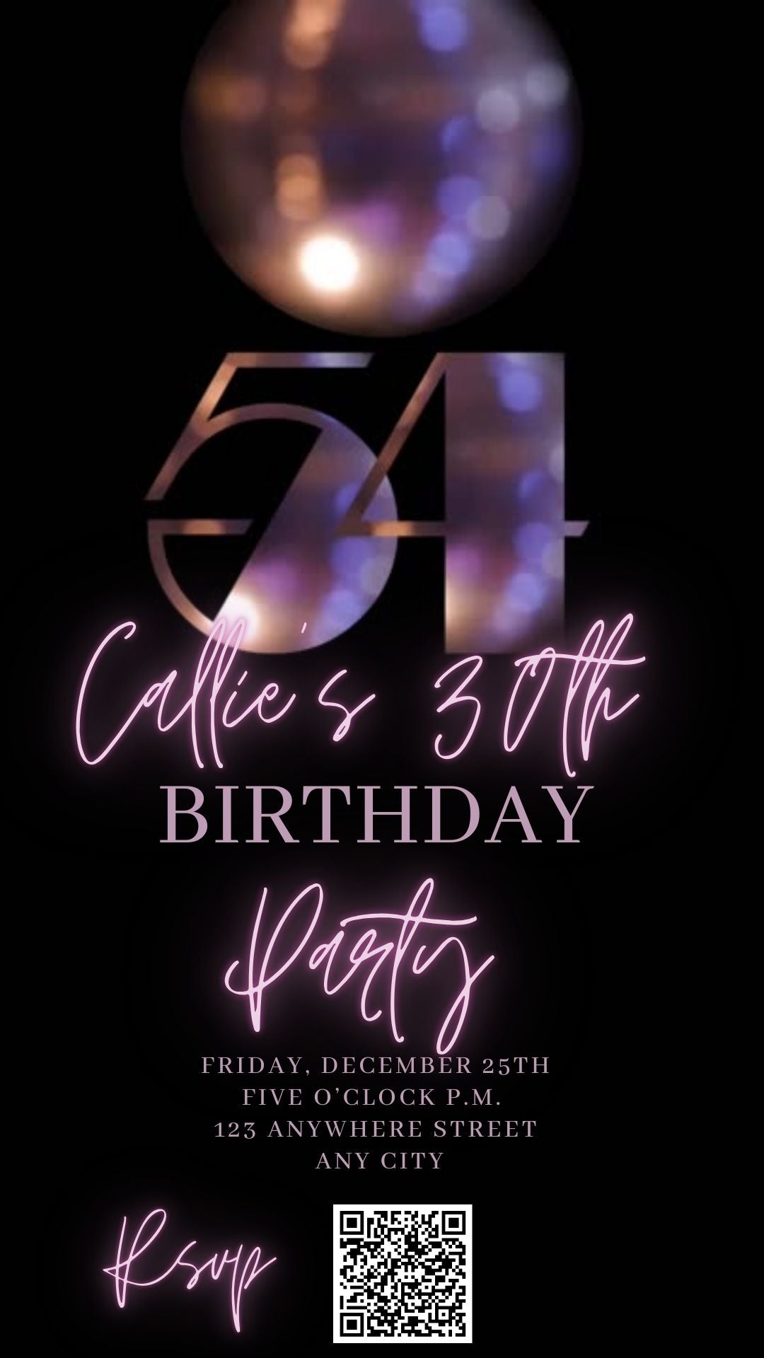 Editable subtle disco 54th birthday video invitation displayed on a mobile phone, featuring an animated vertical digital invite with music, created in Canva. This premium video invitation template is designed for sharing by text, email, and social media and works with an interactive RSVP website for easy guest response tracking.