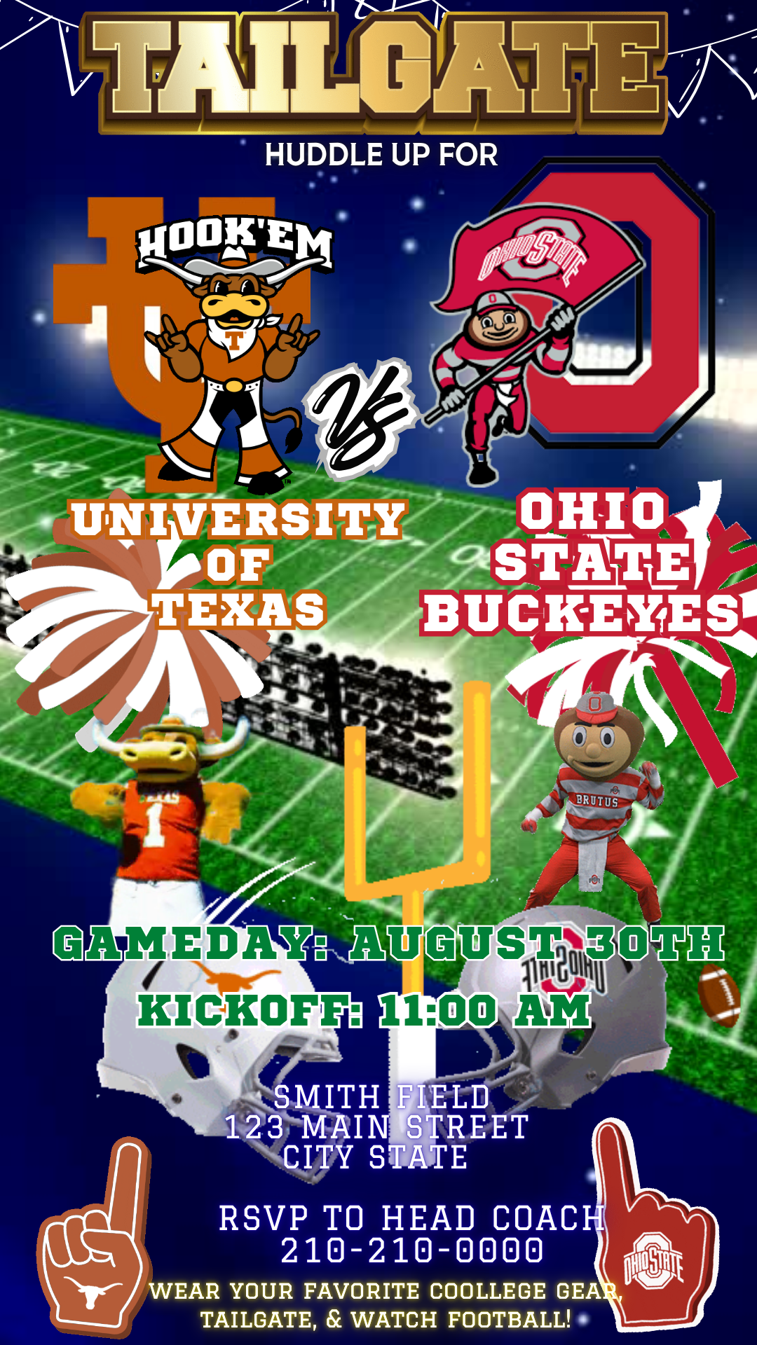 Tailgate invite for a football game between University of Texas and Ohio State Buckeyes, featuring team mascots and game details.