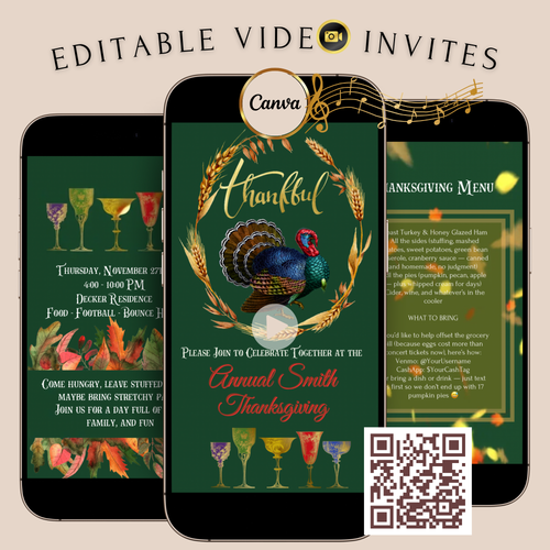 Thanksgiving animated video invitation template with vintage turkey, wheat frame, colorful fall leaves, and retro cocktail glasses. Includes customizable slides for event details and dinner menu. Ideal for family Thanksgiving or Friendsgiving party. Mobile-friendly Canva MP4 evite.