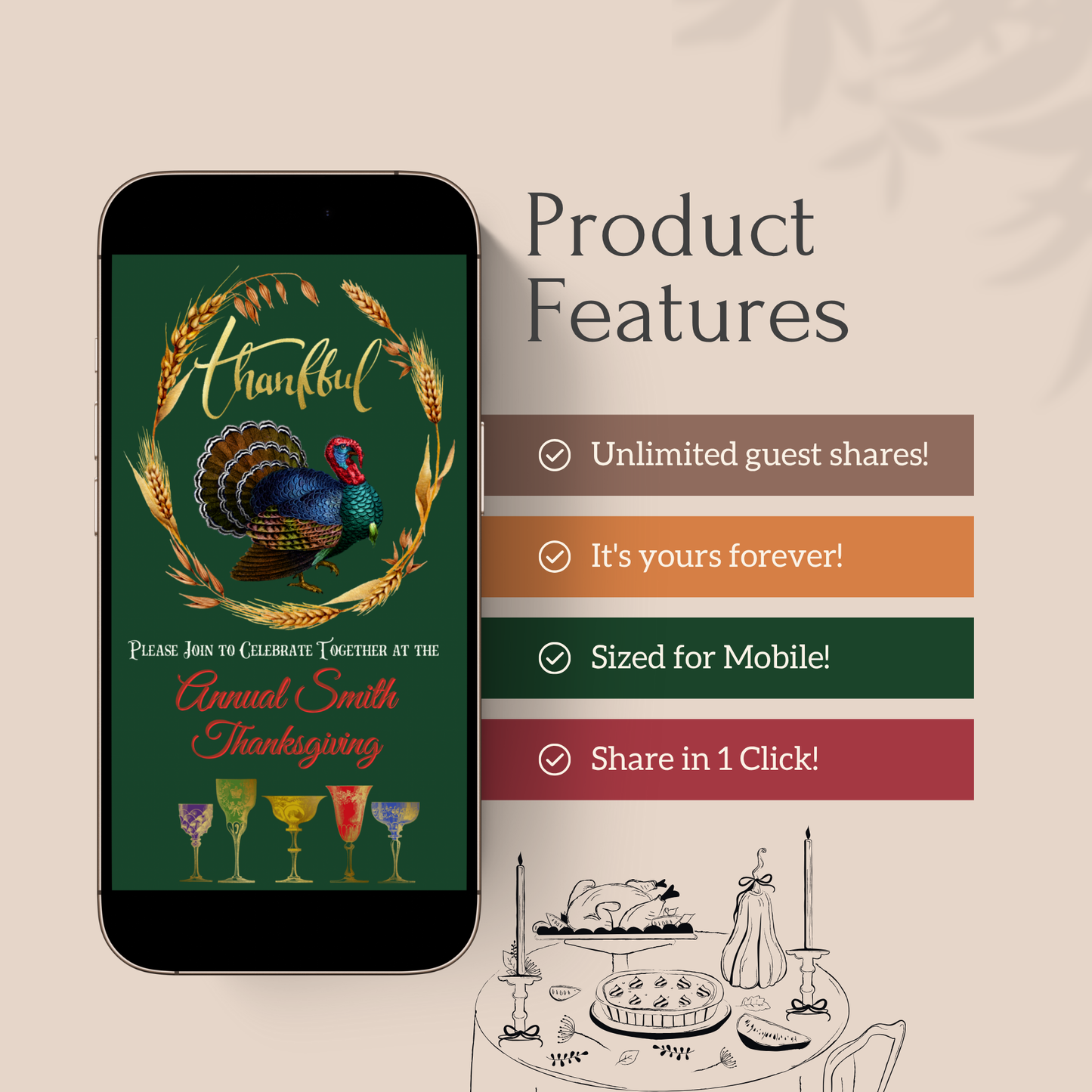 Thanksgiving animated video invitation template with vintage turkey, wheat frame, colorful fall leaves, and retro cocktail glasses. Includes customizable slides for event details and dinner menu. Ideal for family Thanksgiving or Friendsgiving party. Mobile-friendly Canva MP4 evite.