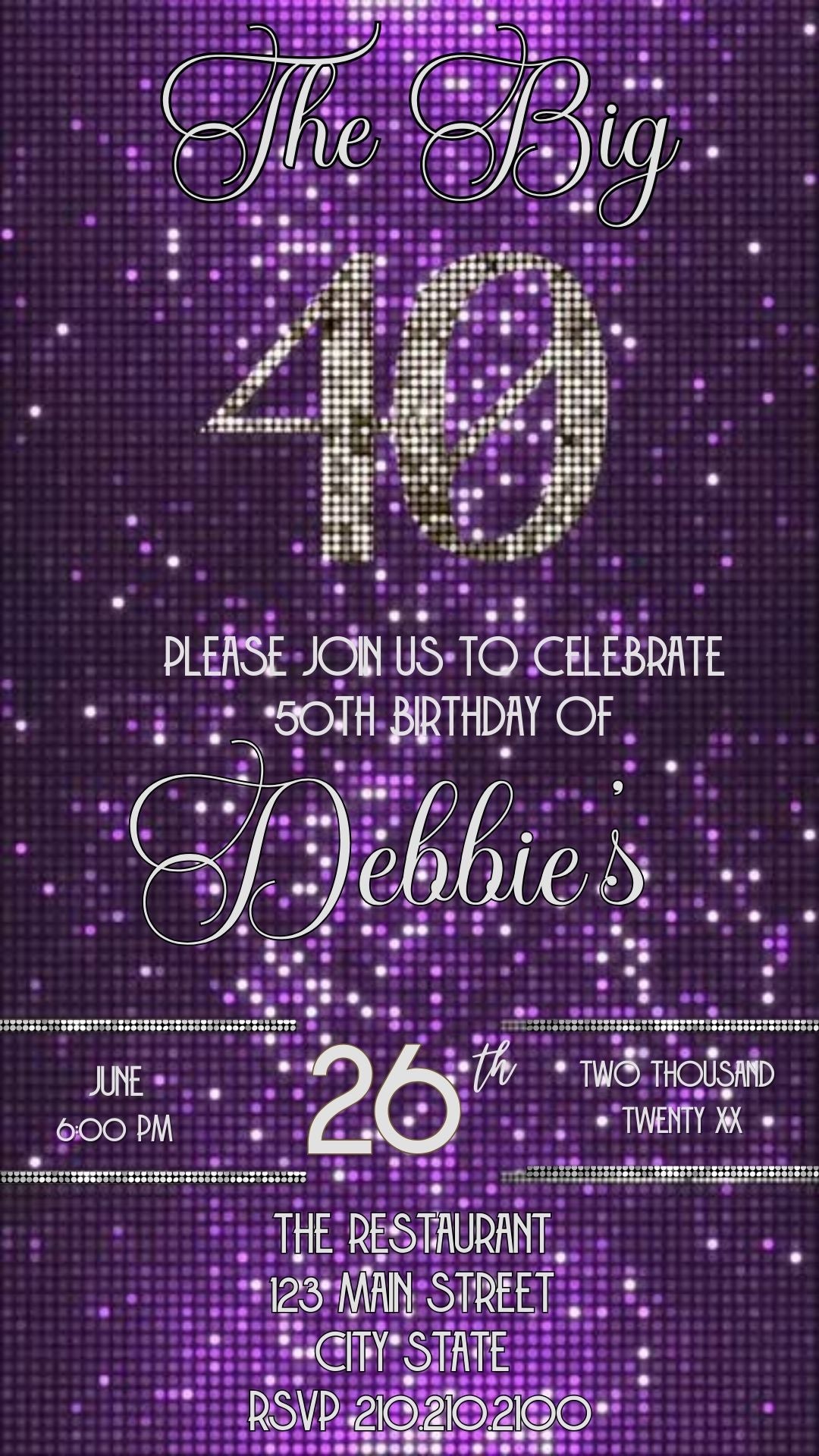 Editable purple glitter 40th birthday video invitation displayed on a mobile phone, featuring an animated vertical digital invite with music, created in Canva. This premium video invitation template is designed for sharing by text, email, and social media and works with an interactive RSVP website for easy guest response tracking.