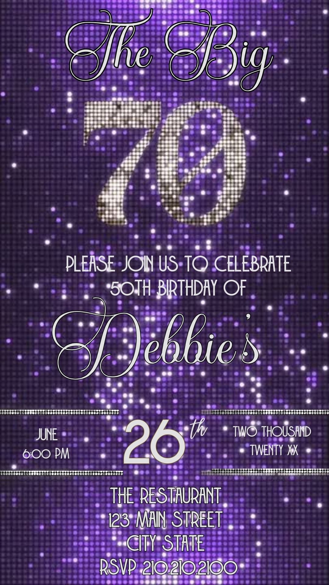 Editable purple sequin 70th birthday video invitation displayed on a mobile phone, featuring an animated vertical digital invite with music, created in Canva. This premium video invitation template is designed for sharing by text, email, and social media and works with an interactive RSVP website for easy guest response tracking.