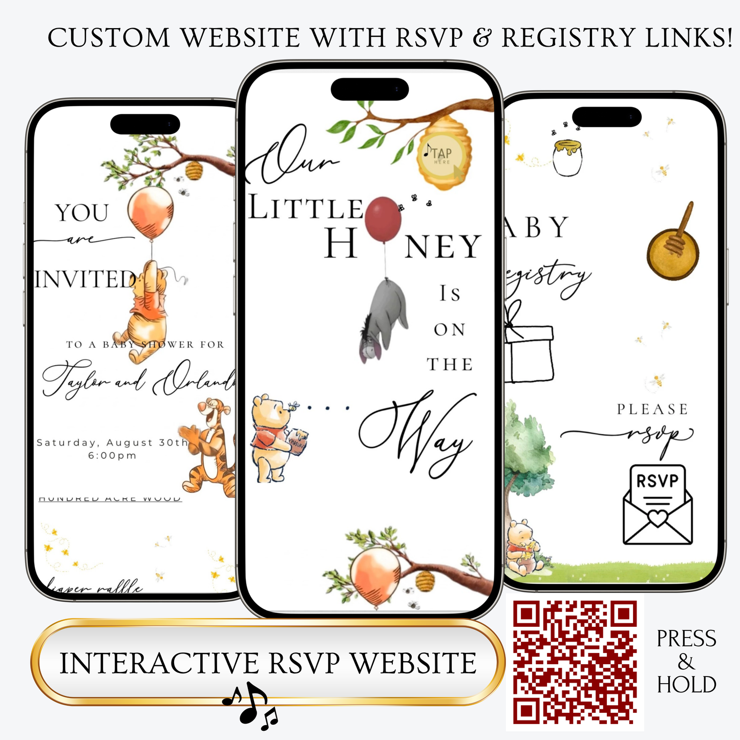 Winnie the Pooh Baby Shower Editable Baby Shower Animated Invite Website with Music and RSVP Custom Baby Shower Interactive SMS RSVP
