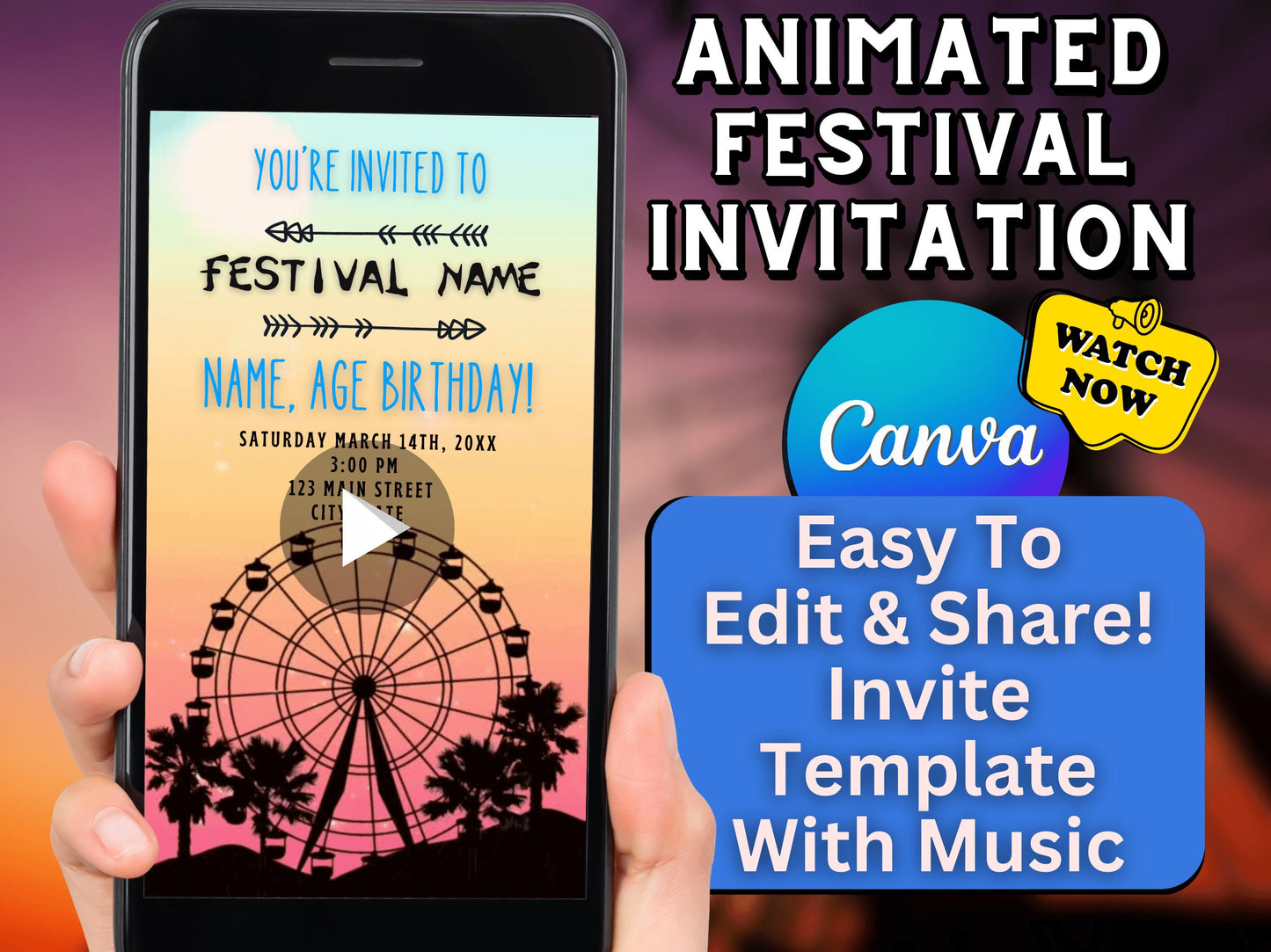 Digital Music Festival Video Invite Coachella Editable Evite Animated Ferris Wheel Mobile Invitation