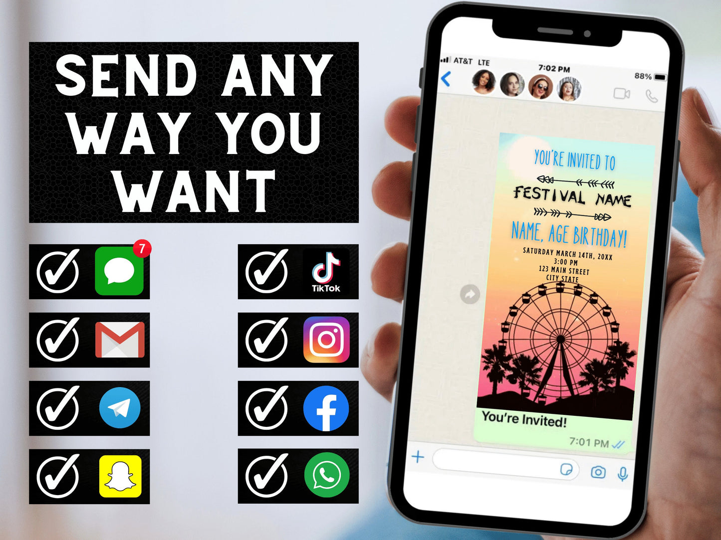 Digital Music Festival Video Invite Coachella Editable Evite Animated Ferris Wheel Mobile Invitation