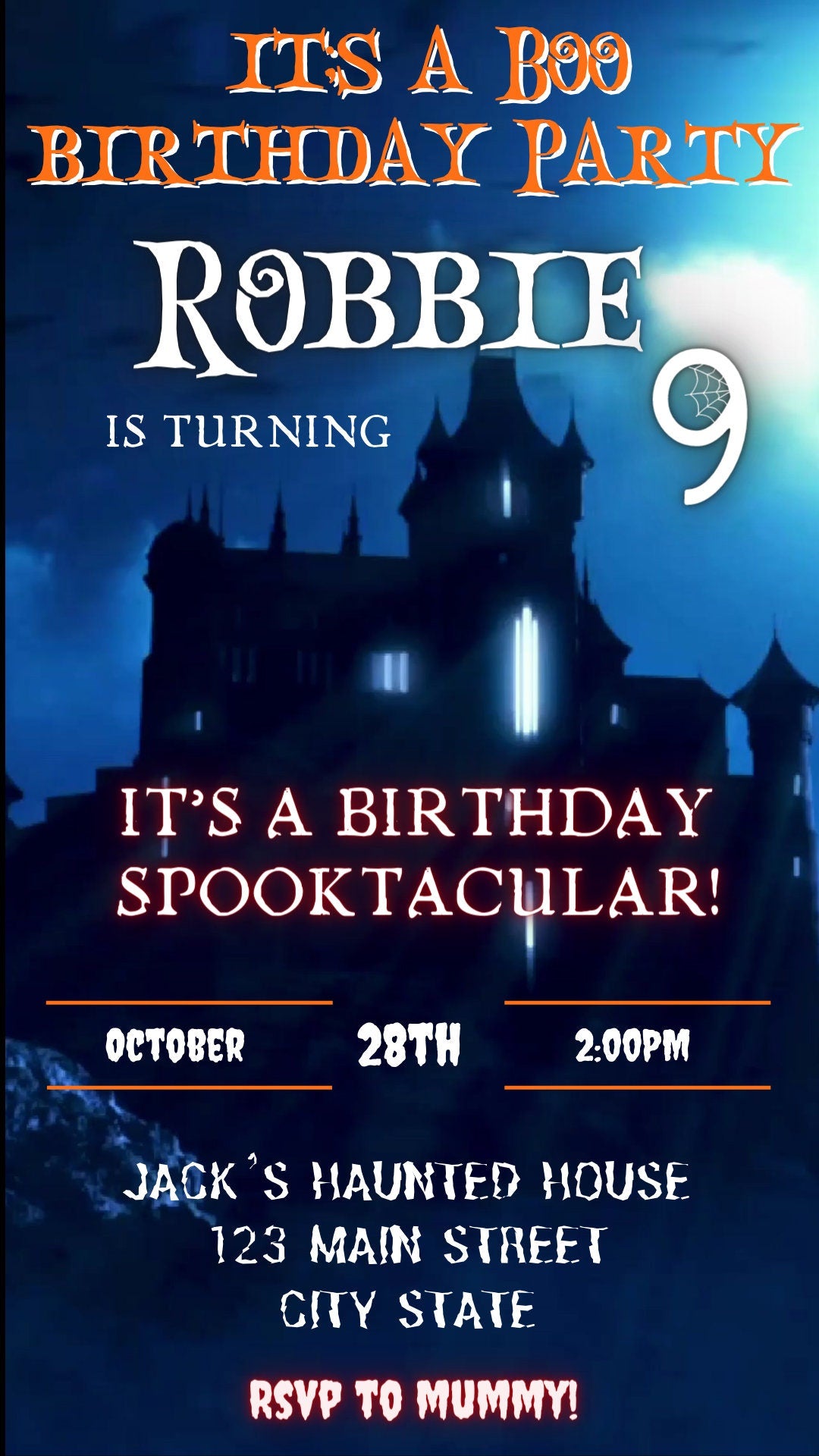 Editable Halloween video invitation with animated theme, customizable in Canva. Perfect for party invites.