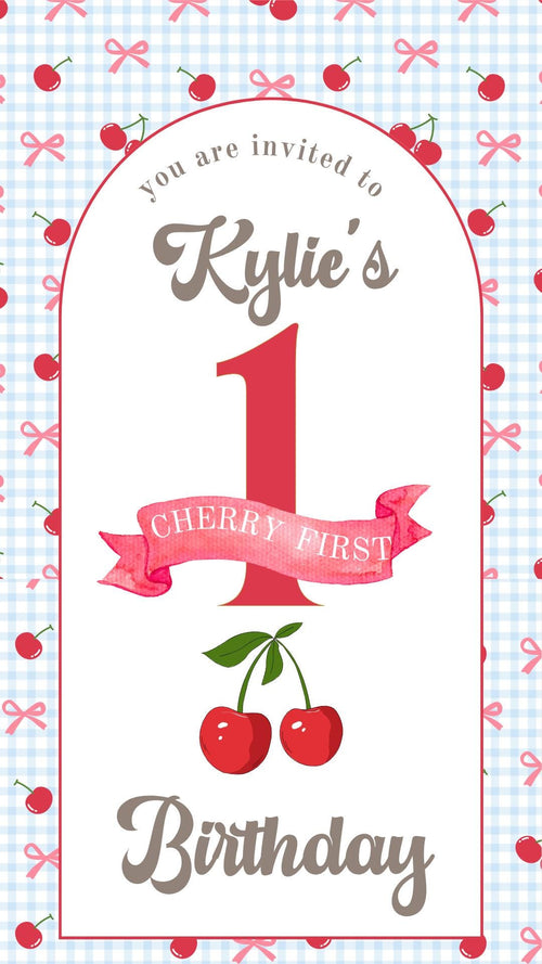 Cherry First Video Invite personalized video Pink coquette Cherry birthday photo evite girl Custom Cherry on top animated evite with Sign