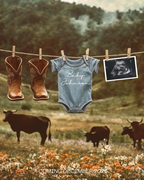 Western baby announcement with denim baby onesie, cowboy boots, and sonogram photo on clothesline – perfect for Instagram or Facebook reveal.