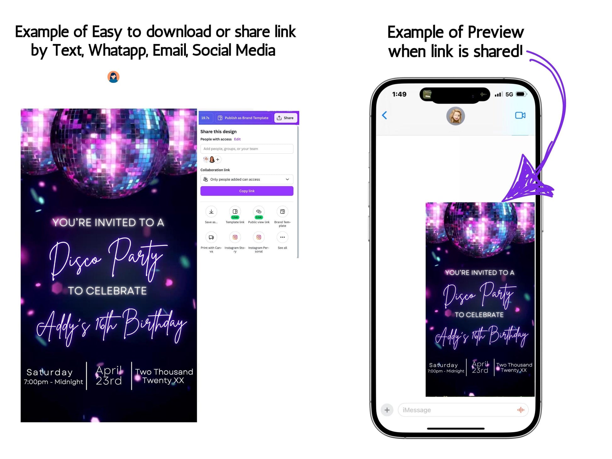 Editable Euphoria disco birthday video invitation with neon purple lights, glowing disco ball, and retro script fonts. Perfect for 70s and Y2K-themed parties, bachelorettes, and milestone birthdays. 1080x1920 vertical Canva template, easy to customize and share via text or social.