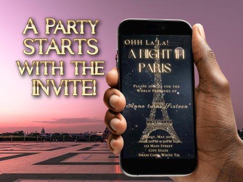 Paris Night Video Invitation – Editable Elegant Birthday Party Evite with Music
