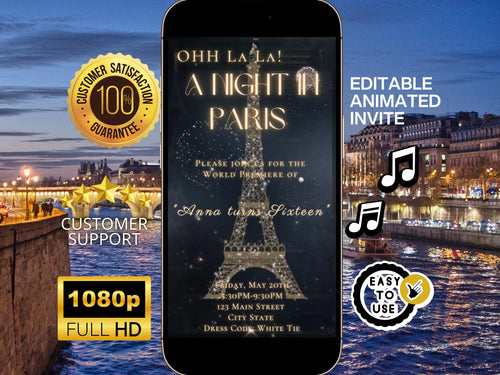 Paris Video Invite Editable template Eiffel Tower animated Parisian Party Evite French Birthday Oh La La theme Eiffel Tower instant download