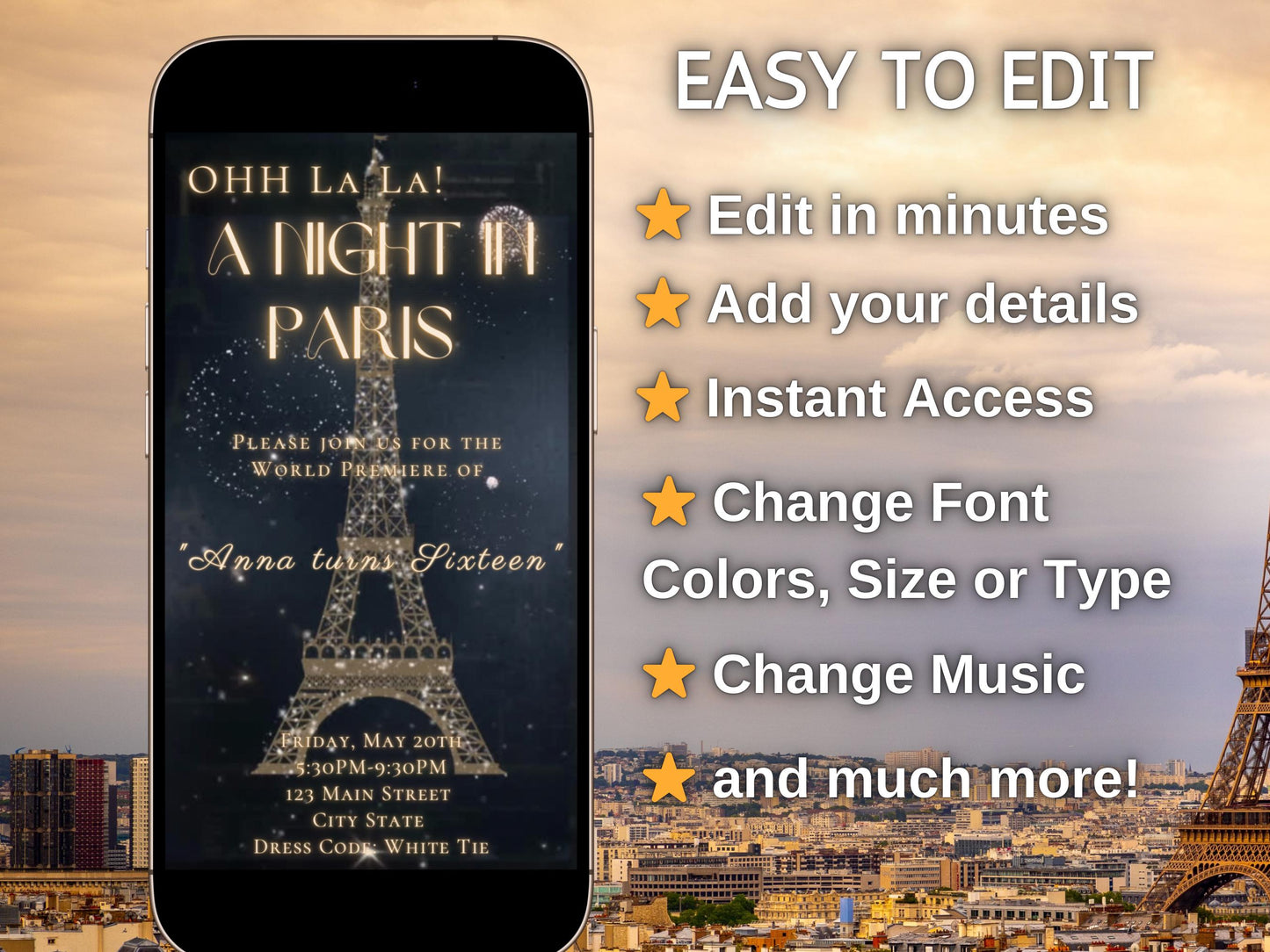 Paris Video Invite Editable template Eiffel Tower animated Parisian Party Evite French Birthday Oh La La theme Eiffel Tower instant download