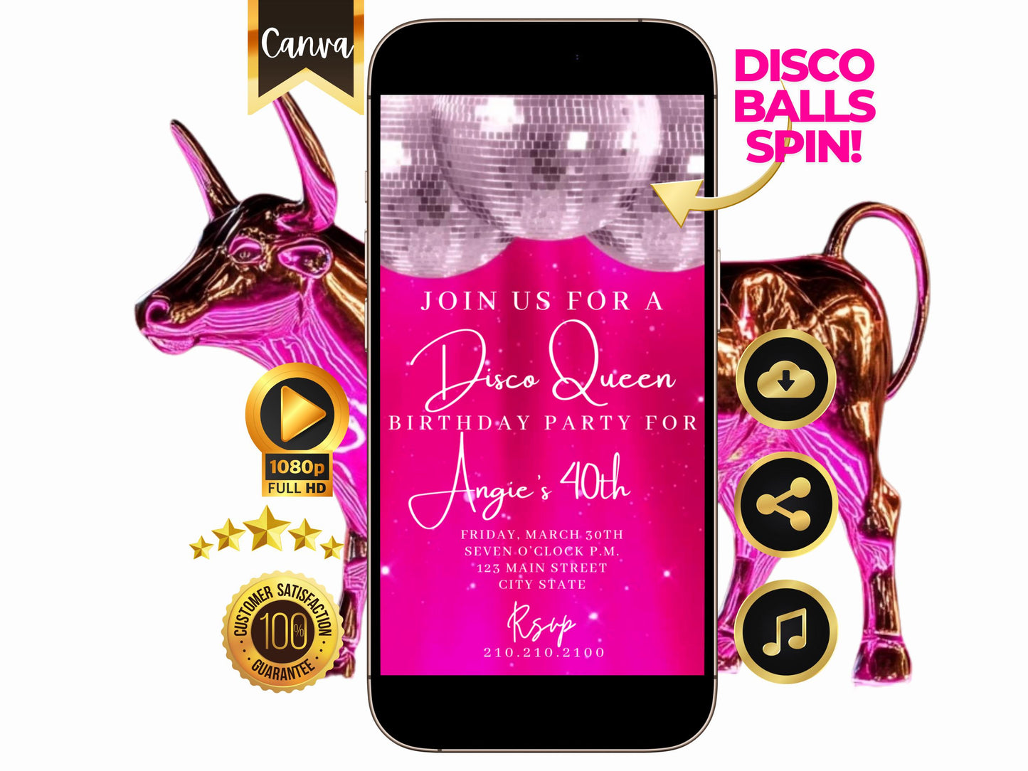 Pink Disco video Invite template Groovy Pink evite animated disco ball 70 Retro theme custom birthday party canva instant access design