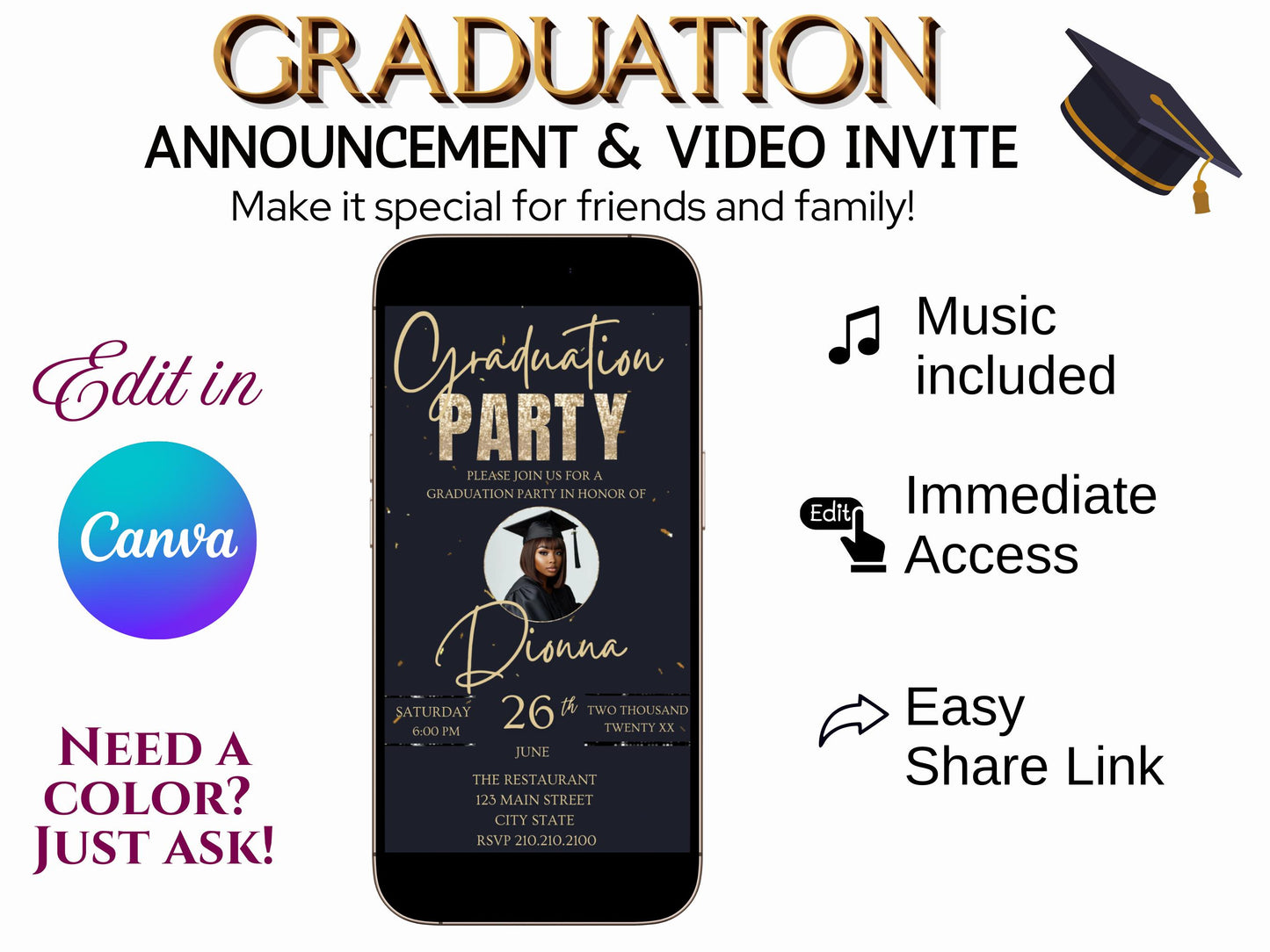 2026 Graduation Party Video Invite - Animated Graduation Photo Announcement - Grad Mobile Phone Evite