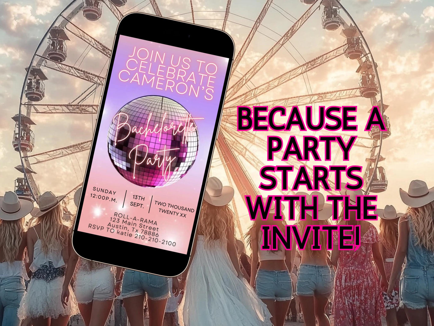Pink Disco Vídeo Invitation Animated Disco Ball editable Canva Template