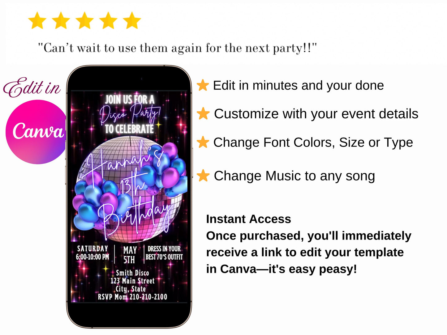 Editable Disco Party Video Invitation – 70s Birthday Disco Ball Dance Party Evite