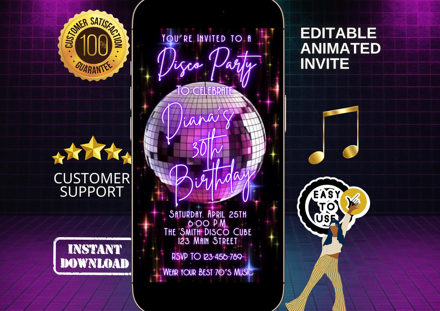 Editable disco birthday video invitation featuring a glowing purple disco ball, neon lights, and retro 70s typography. Perfect for milestone birthdays, dance parties, or 80s night events. Vertical 1080x1920 Canva template, customizable for names, dates, and RSVP details. Easy to share via text or social media.