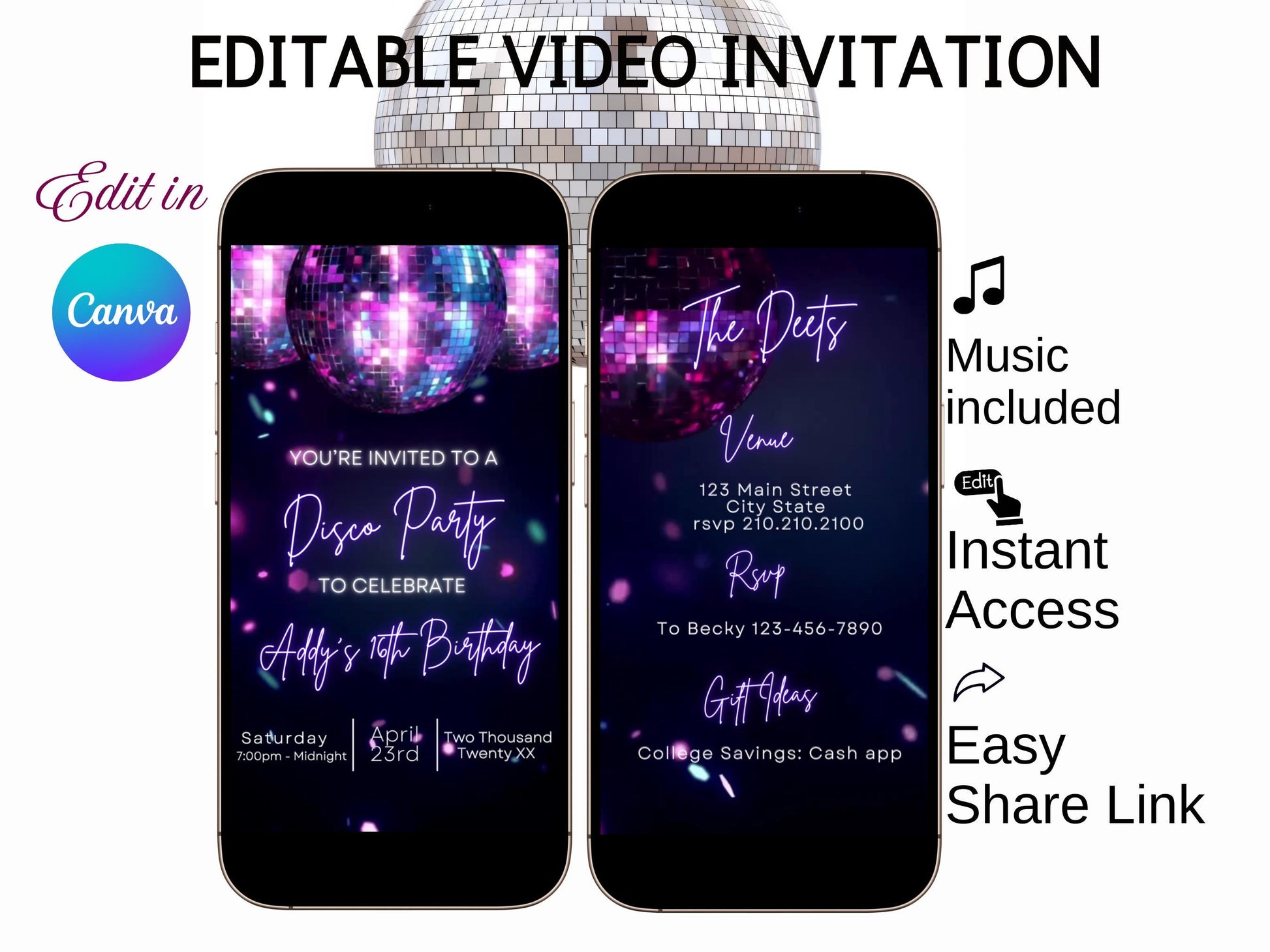 Editable Euphoria disco birthday video invitation with neon purple lights, glowing disco ball, and retro script fonts. Perfect for 70s and Y2K-themed parties, bachelorettes, and milestone birthdays. 1080x1920 vertical Canva template, easy to customize and share via text or social.
