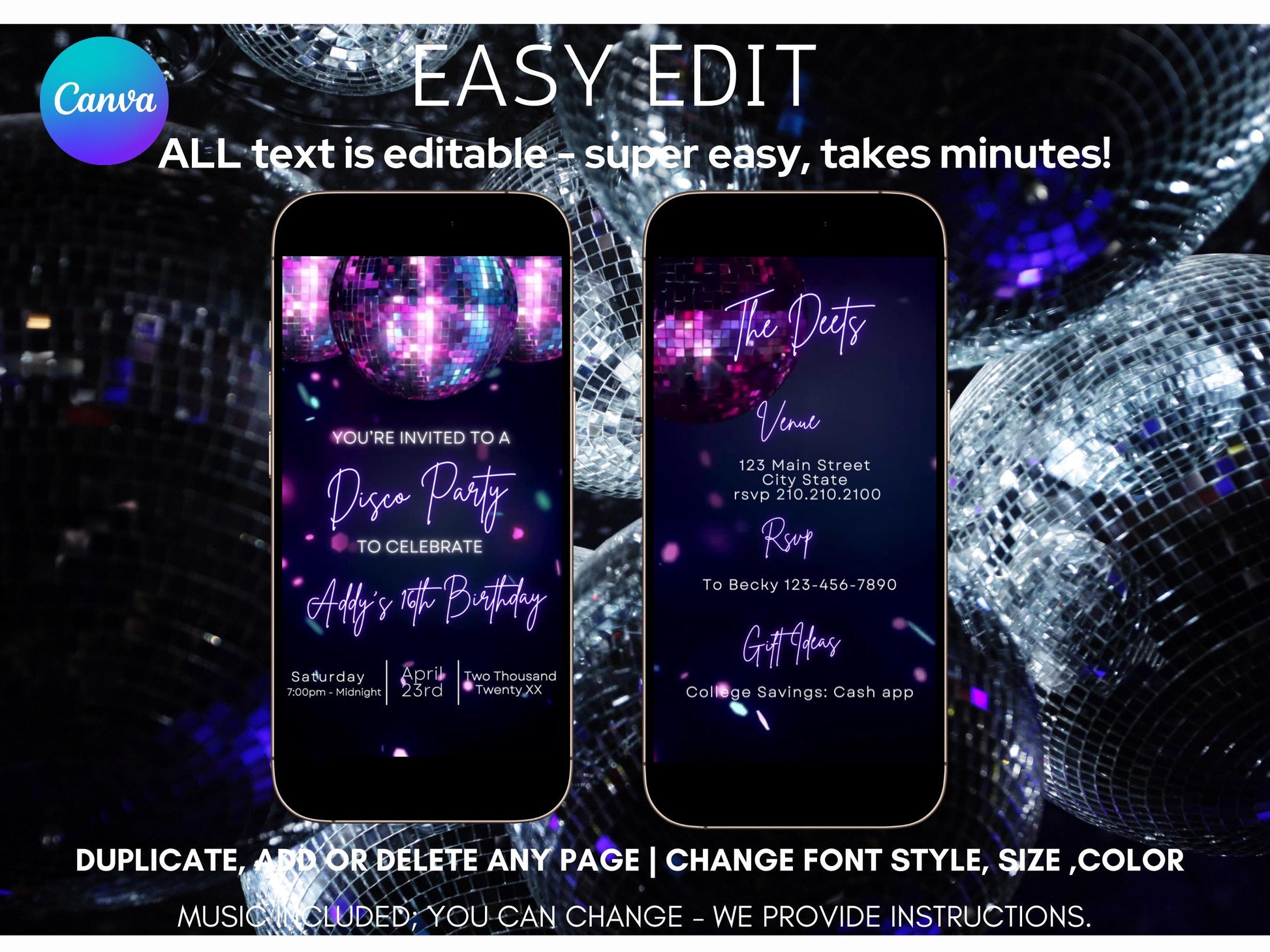 Editable Euphoria disco birthday video invitation with neon purple lights, glowing disco ball, and retro script fonts. Perfect for 70s and Y2K-themed parties, bachelorettes, and milestone birthdays. 1080x1920 vertical Canva template, easy to customize and share via text or social.
