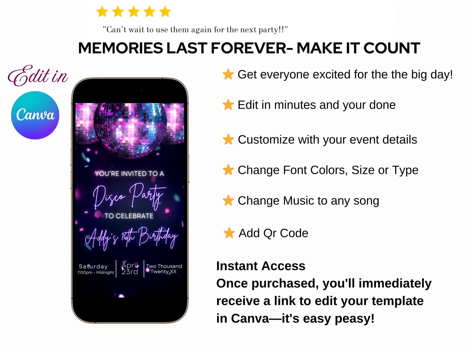 Editable Euphoria disco birthday video invitation with neon purple lights, glowing disco ball, and retro script fonts. Perfect for 70s and Y2K-themed parties, bachelorettes, and milestone birthdays. 1080x1920 vertical Canva template, easy to customize and share via text or social.