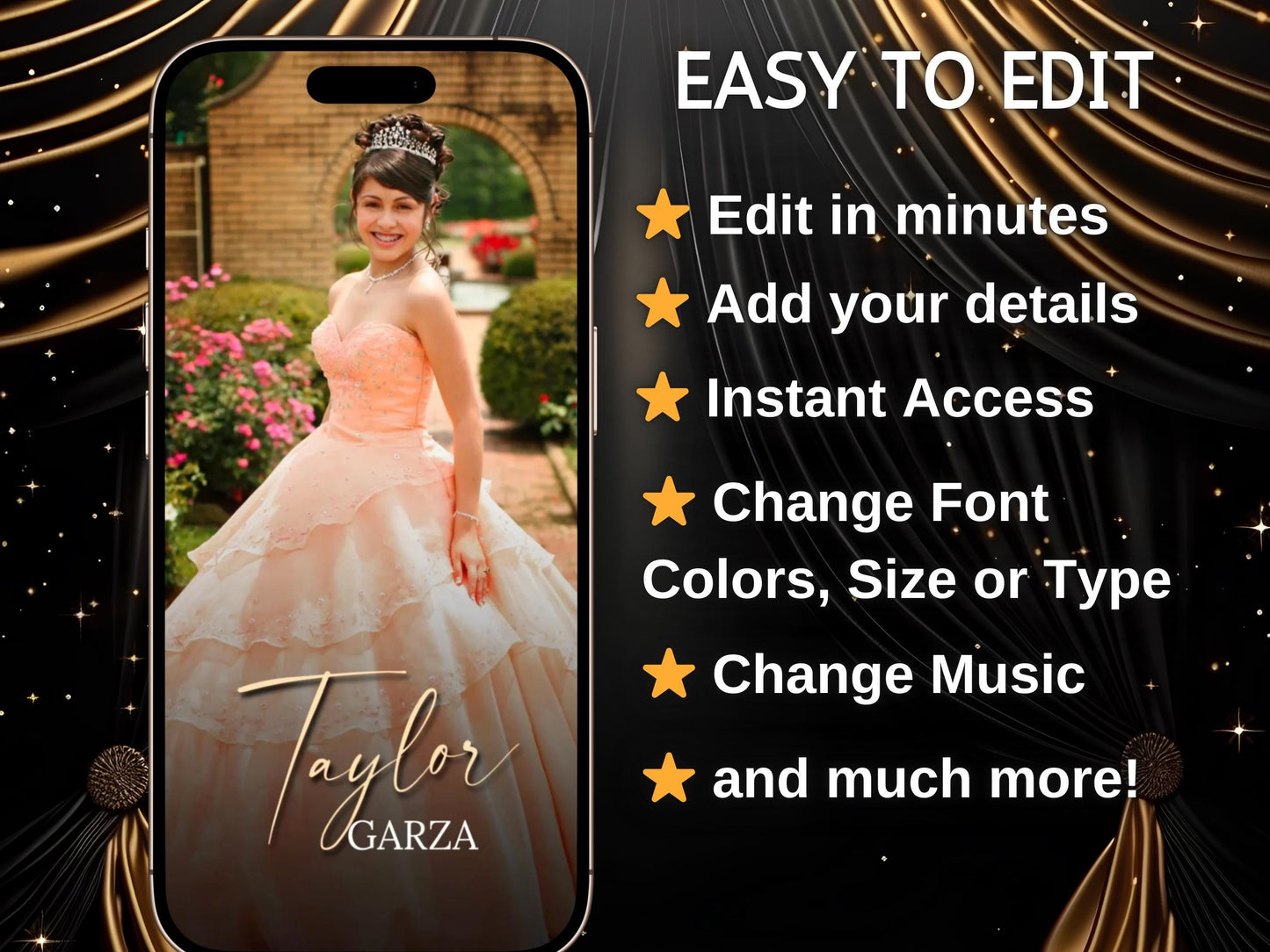 Editable Quinceañera invitation video template designed for mobile phones. Includes animated text, music, and photo customization. Perfect for Sweet 15 or Sweet 16 birthdays. Share instantly via text, WhatsApp, email, or social media. A beautiful, stunning design ideal for modern celebrations. Delivered as MP4 download—no physical item.