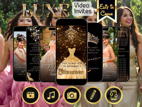Editable Quinceañera invitation video template designed for mobile phones. Includes animated text, music, and photo customization. Perfect for Sweet 15 or Sweet 16 birthdays. Share instantly via text, WhatsApp, email, or social media. A beautiful, stunning design ideal for modern celebrations. Delivered as MP4 download—no physical item.