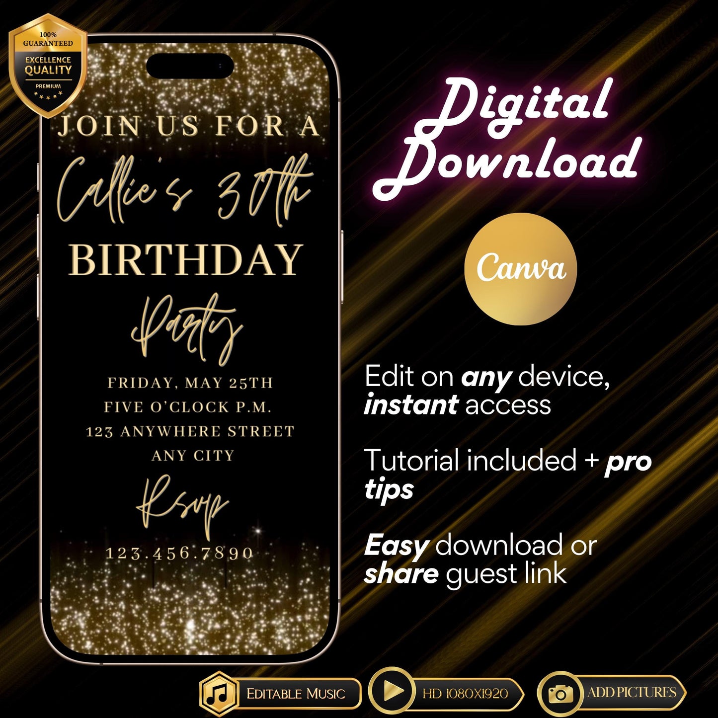 Gold glitter video invite | Editable Gold Glam Canva Template