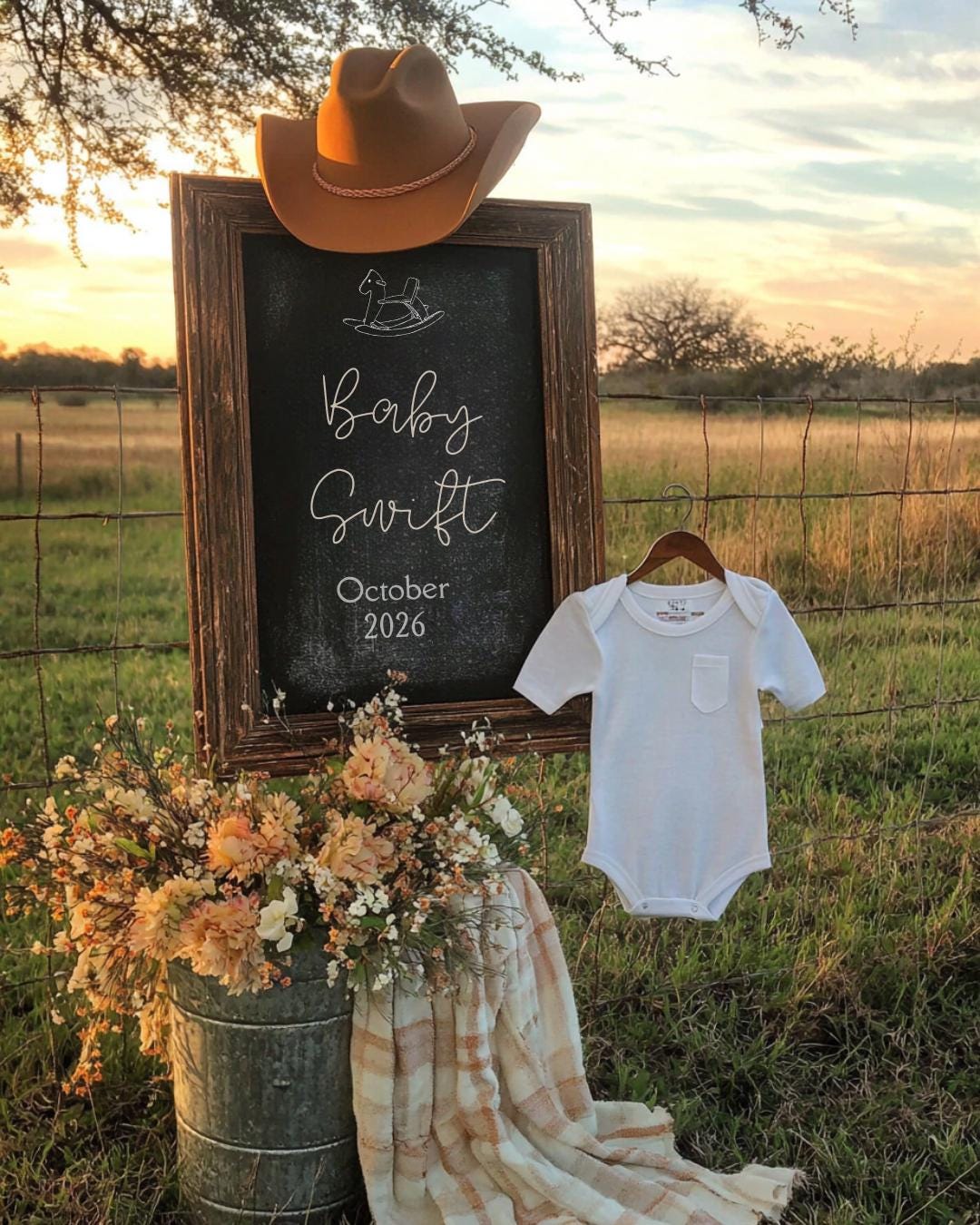 Western Pregnancy Announcement - Baby Reveal Sonogram Social Media Post - Onesie Clothesline