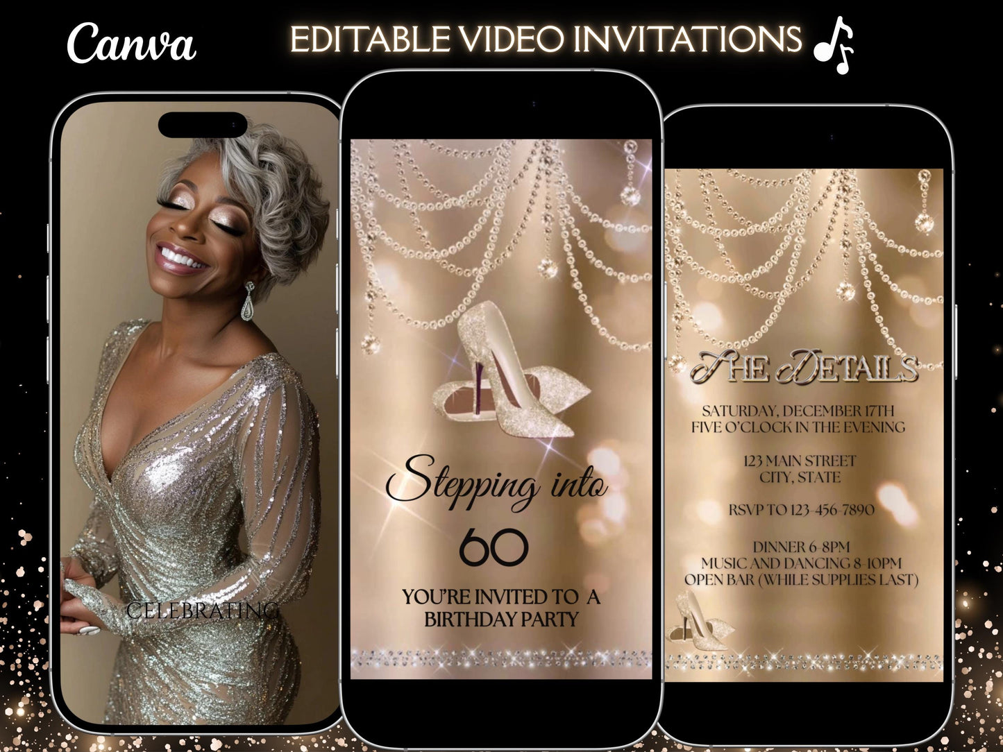 high heel birthday video invitation for 40th, 50th, or 60th birthday – glamorous animated Canva template for mobile