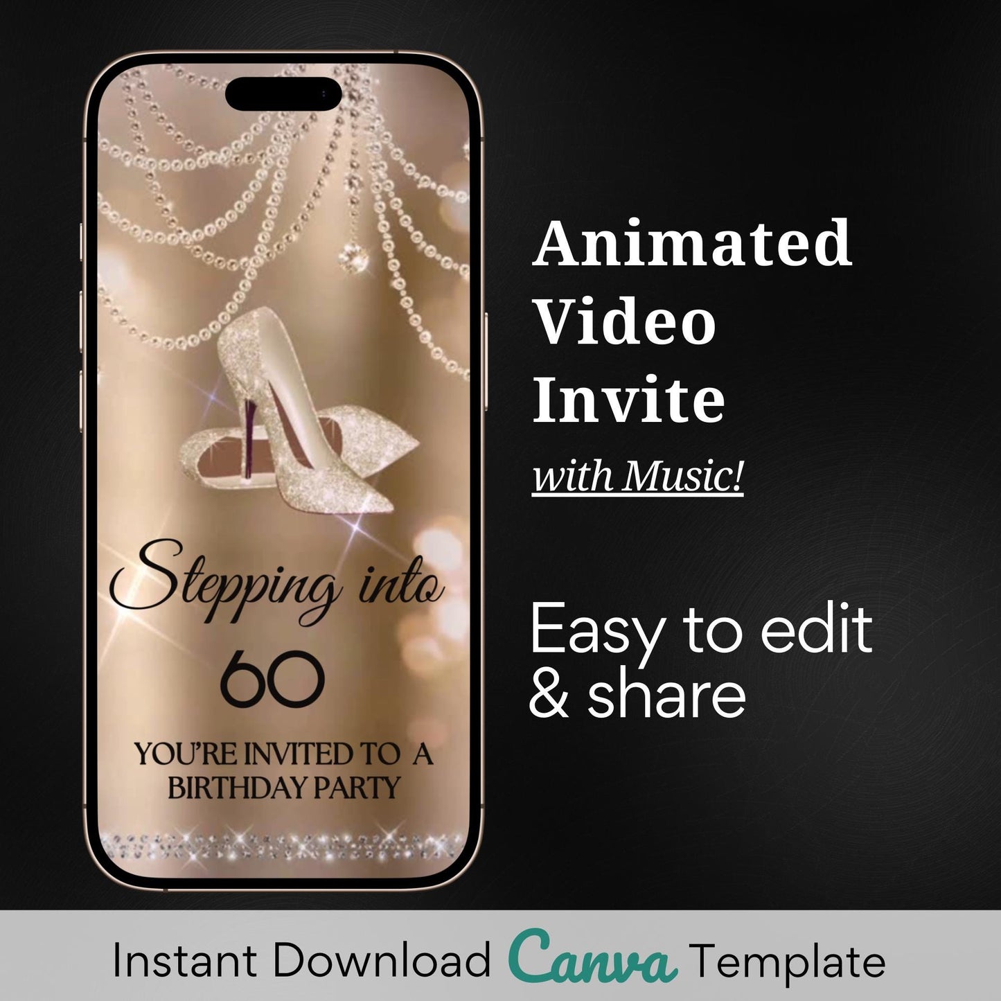 high heel birthday video invitation for 40th, 50th, or 60th birthday – glamorous animated Canva template for mobile