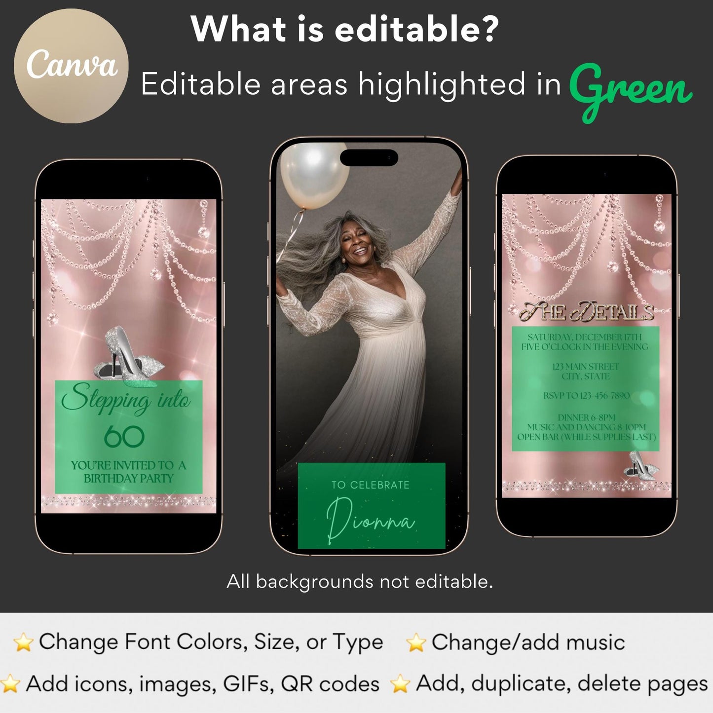 high heel birthday video invitation for 40th, 50th, or 60th birthday – glamorous animated Canva template for mobile