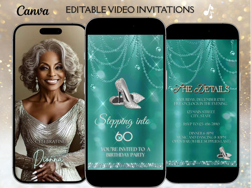 high heel birthday video invitation for 40th, 50th, or 60th birthday – glamorous animated Canva template for mobile