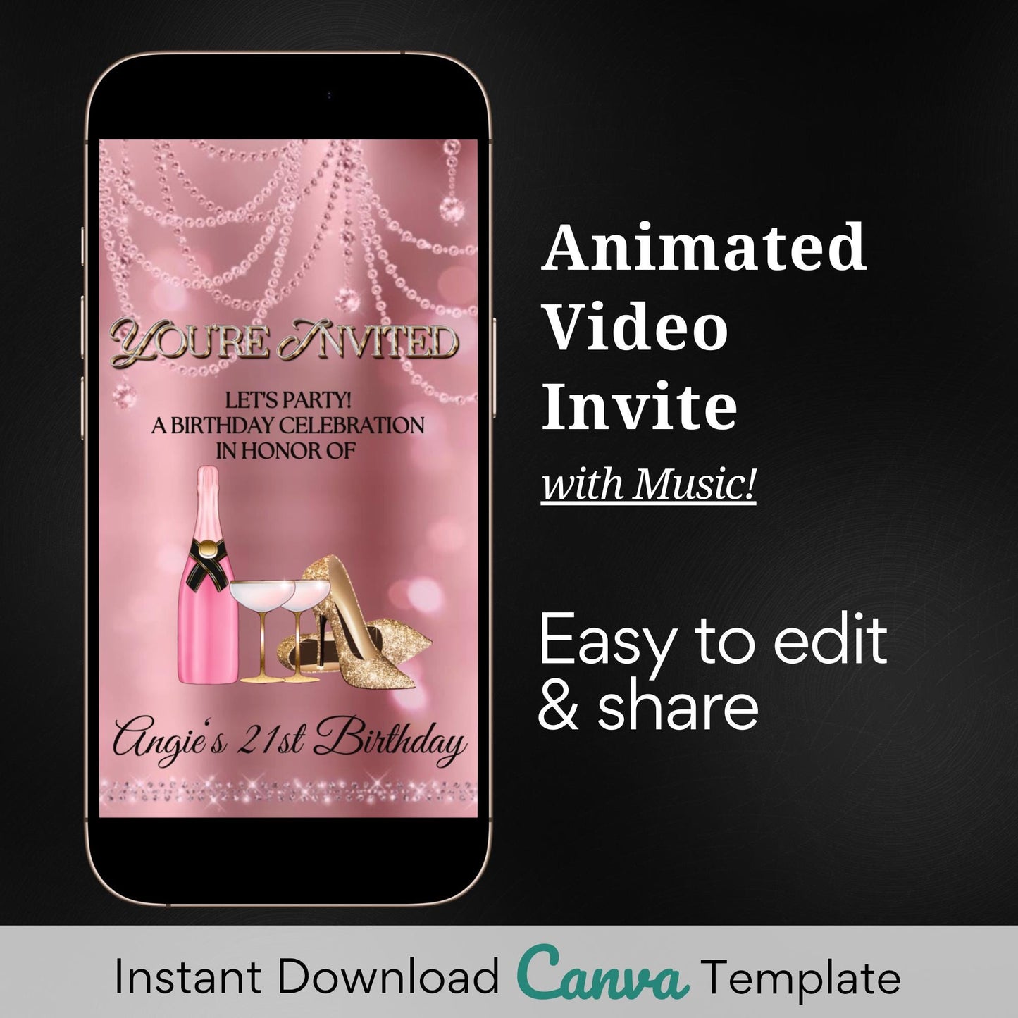 high heel birthday video invitation for 40th, 50th, or 60th birthday – glamorous animated Canva template for mobile