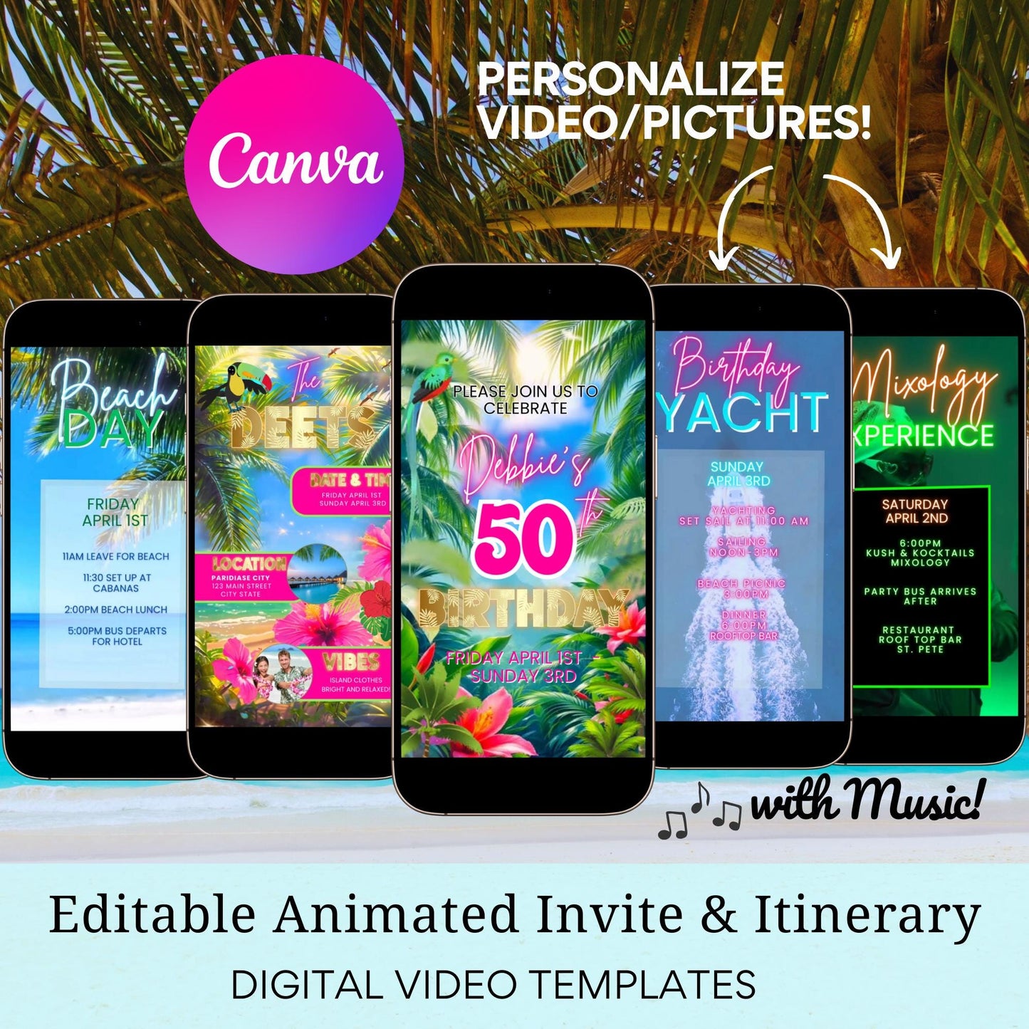 Tropical Video Invite and Itinerary - Animated Tropical Trip Schedule = Mobile Phone Agenda