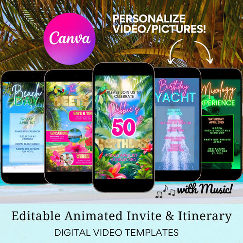 Tropical Video Invite and Itinerary - Animated Tropical Trip Schedule = Mobile Phone Agenda
