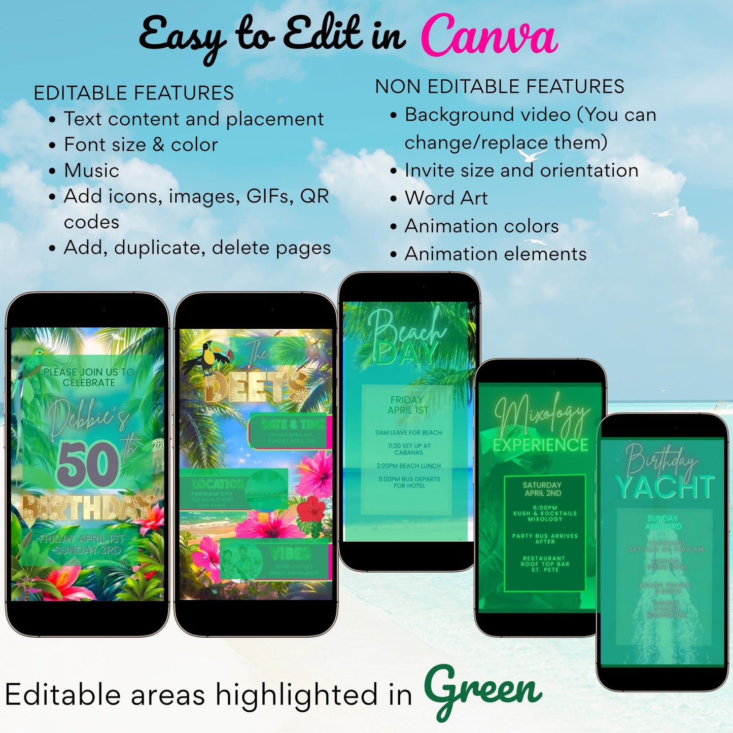 Tropical Video Invite and Itinerary - Animated Tropical Trip Schedule = Mobile Phone Agenda