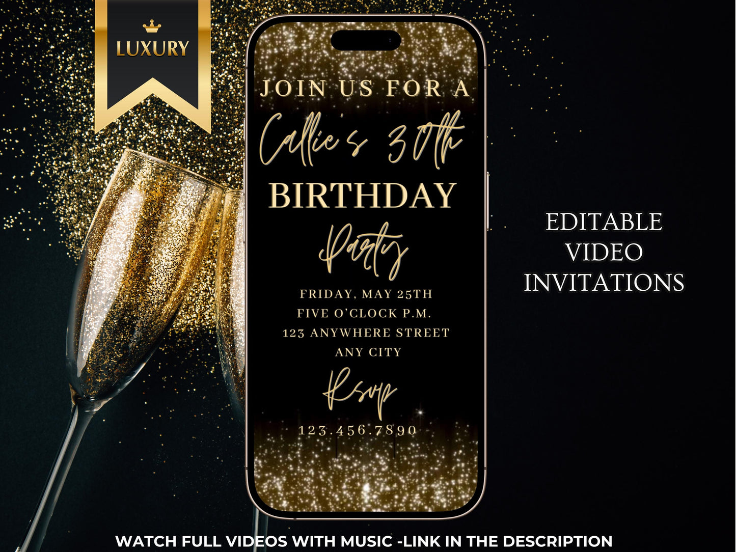 Gold glitter video invite | Editable Gold Glam Canva Template
