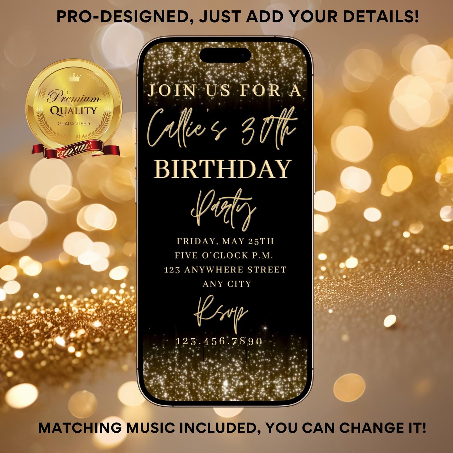 Gold glitter video invite | Editable Gold Glam Canva Template